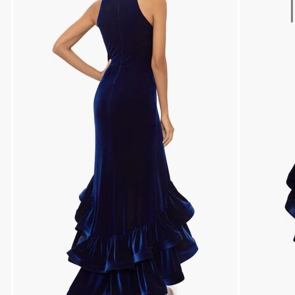 NWT Betsy & Adam Tiered Ruffle High-Low Velvet Gown - Picture 4 of 10